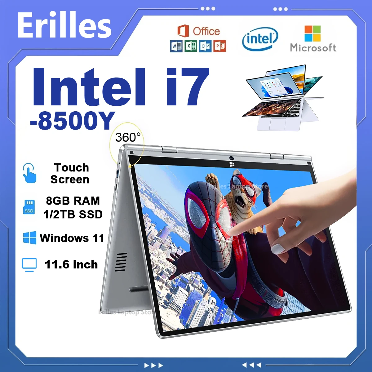 Pantalla táctil 2 en 1 para ordenador portátil, 11,6 pulgadas, Intel Core i7-8500Y, 8GB, 1TB, 2TB SSD, Windows 11, PC portátil de oficina 360 °   Cuaderno con tapa