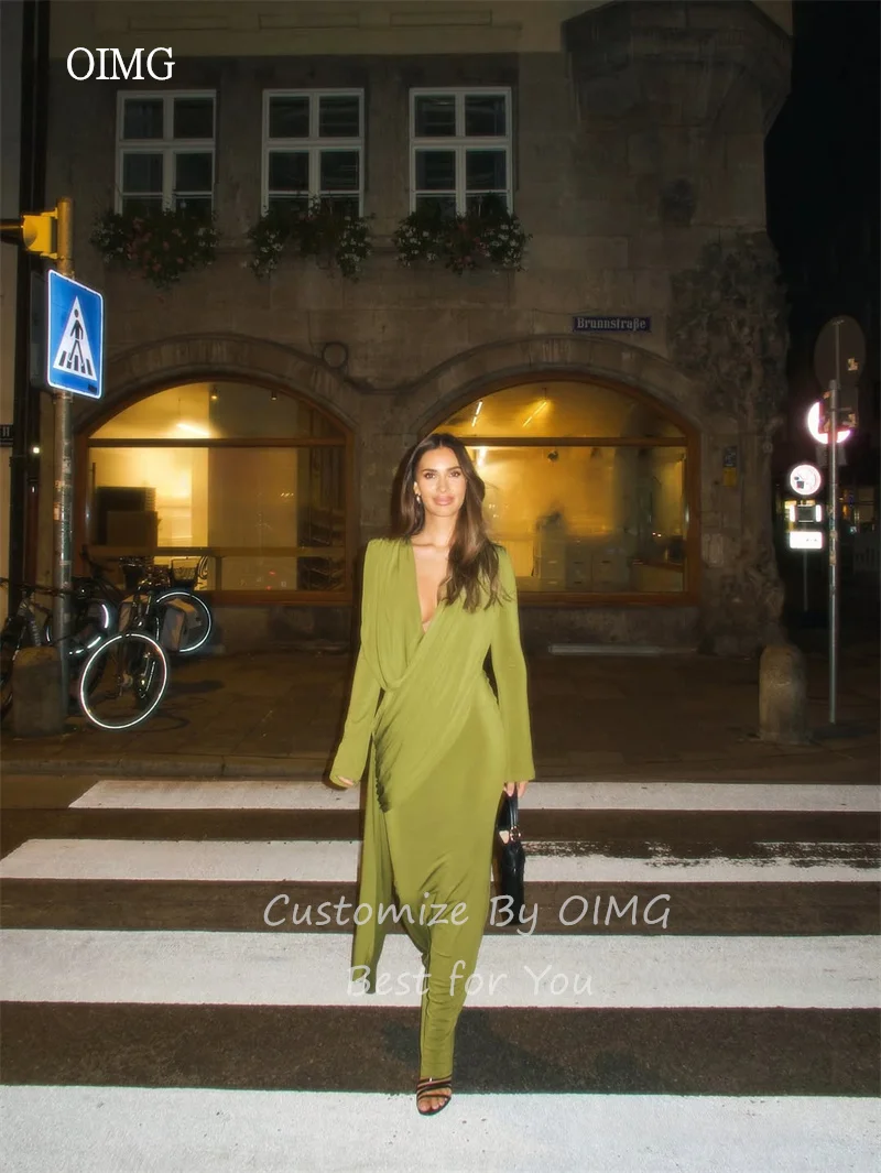 OIMG Sexy Deep V Neck Mustard Green Mermaid Prom Gowns Maxi Pleated Party Gown Long Sleeve Floor Length Evening Dress Customized