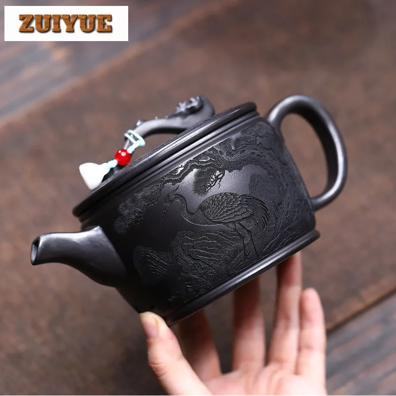 450ml Yixing Purple Clay Teapot Handmade Pine Crane Large Caliber Pot Raw Ore Stone Yellow Mud Kettle With Strainer Zisha Teaset