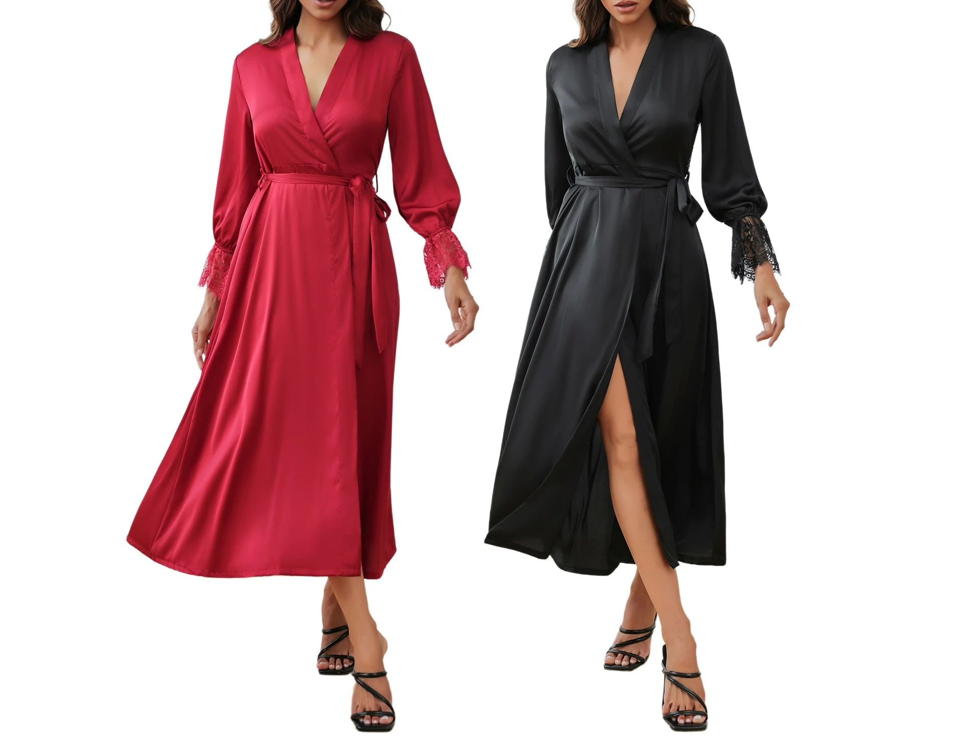 Satin-Chiffon Pyjama für Damen, Sommer-Dünnes Nachthemd mit Spitzenbesatz, Elegantes Rückenfreies Langes Nachthemd