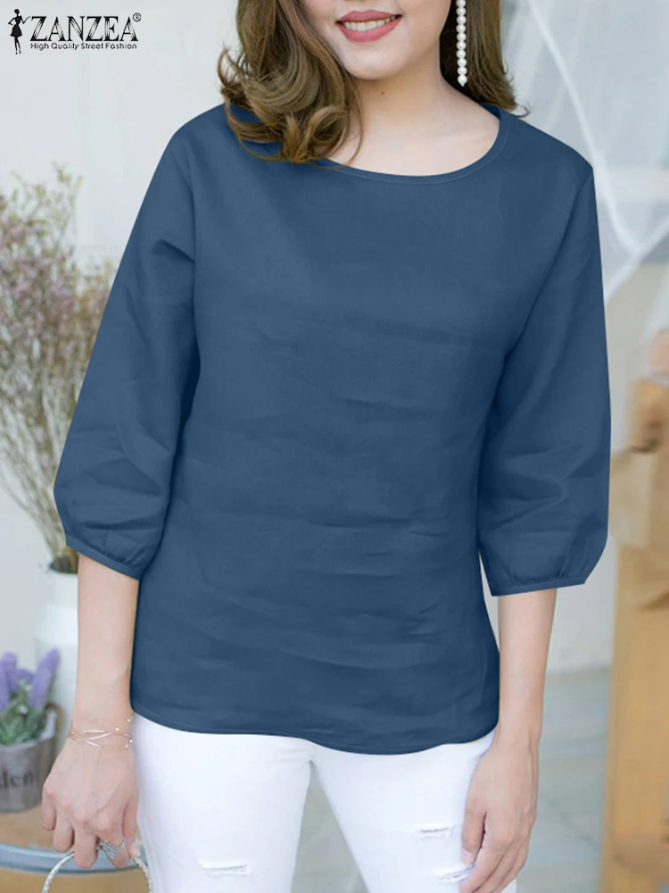 

ZANZEA, хлопковые блузки с рукавами 3/4, Blusas Mujer, с круглым вырезом, повседневные летние блузки с пышными рукавами, лето 2022, однотонные женские повседневные топы-туники