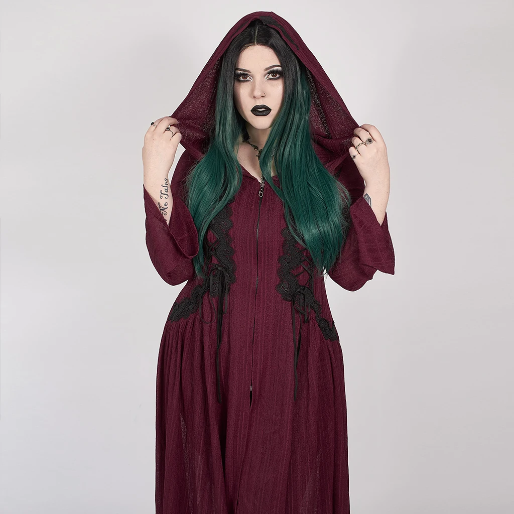 

PUNKRAVE Women's Dark Moon Hooed Medium-length Jacket Gothic Hollow-out Long Sleeve Dress