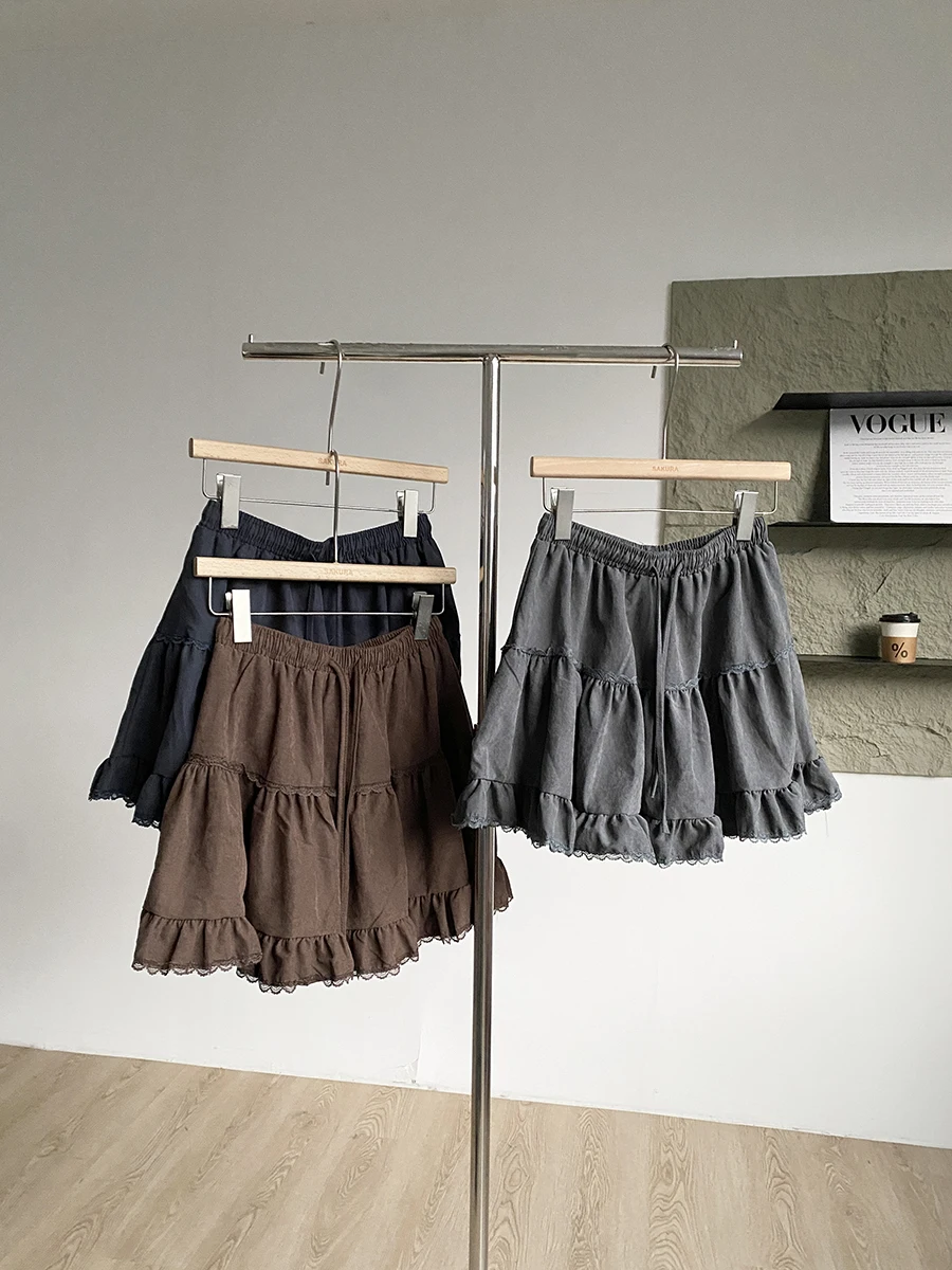 

Korean Style High Waist Short Skirt Pure Color Lace Hem Elastic Waist Slimming Cake Skirt for Women Autumn New Arrival