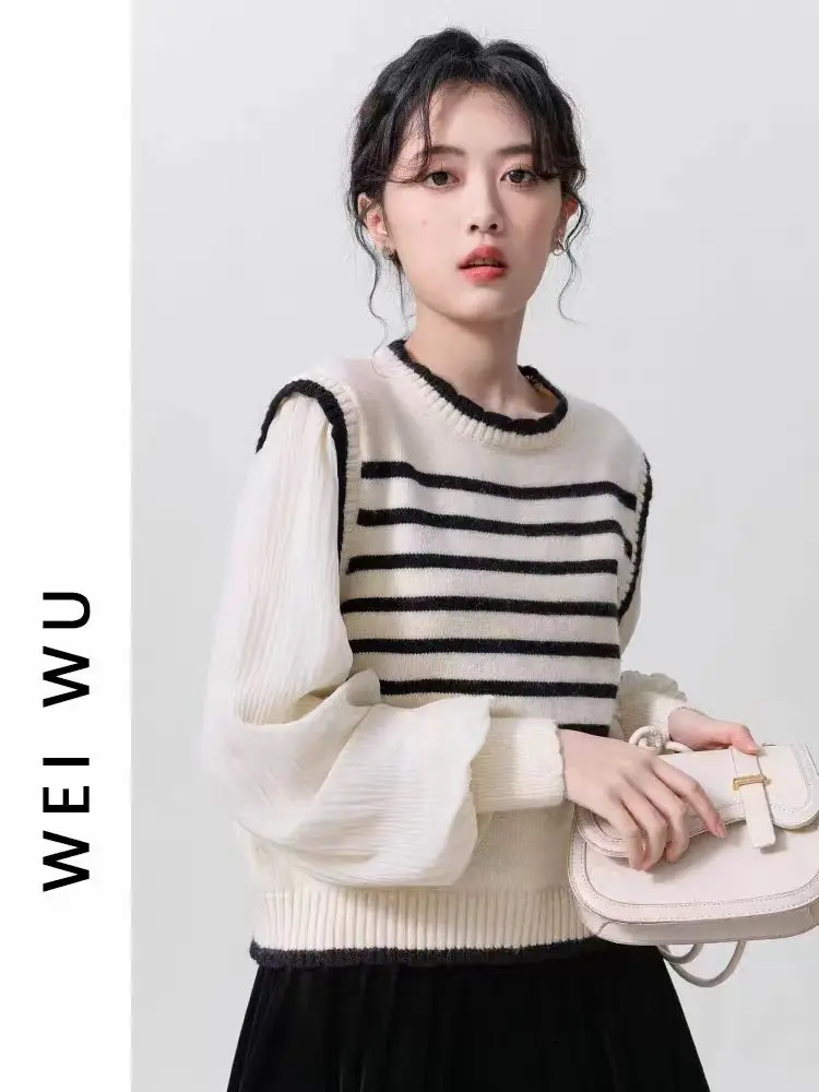 

French knitted sweater for women in spring and autumn, new gentle patchwork contrasting color shirt, striped sweater top