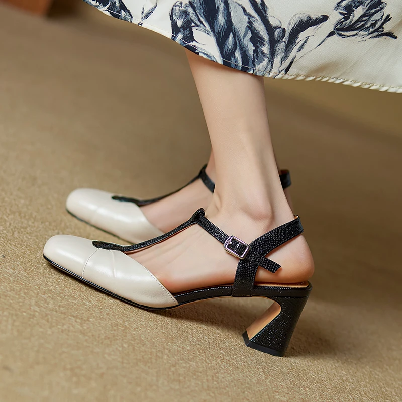 2024 Summer Women Shoes Genuine Leather Shoes for Women Square Toe Chunky Heel Women Sandals Retro Cover Toe Ankle Strap Shoes