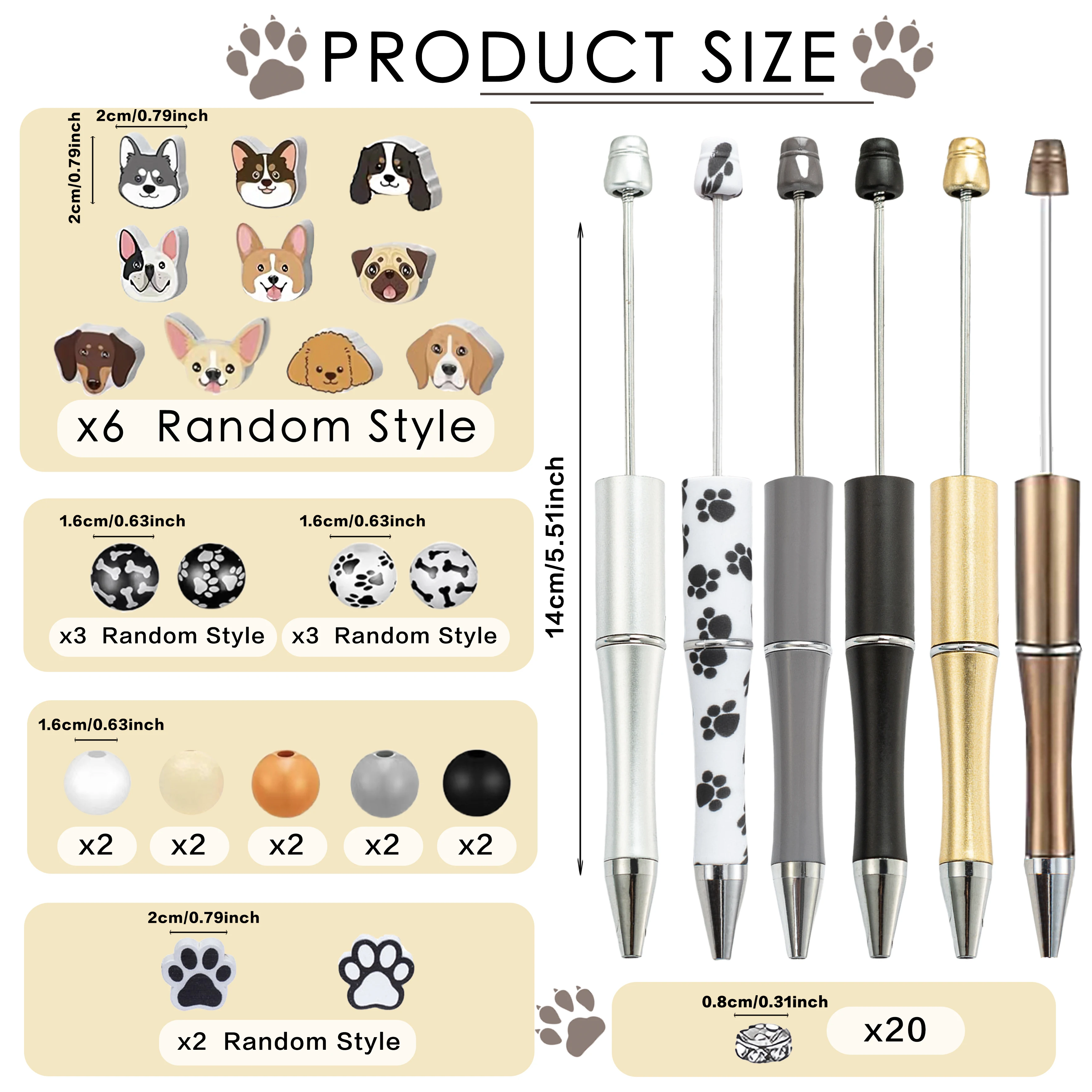 6PCS/SET Creative Cute Dog Styling Dog Claw Pattern DIY Wooden Bead Bead Ball Pen Set，Suitable for DIY Office and School Writing