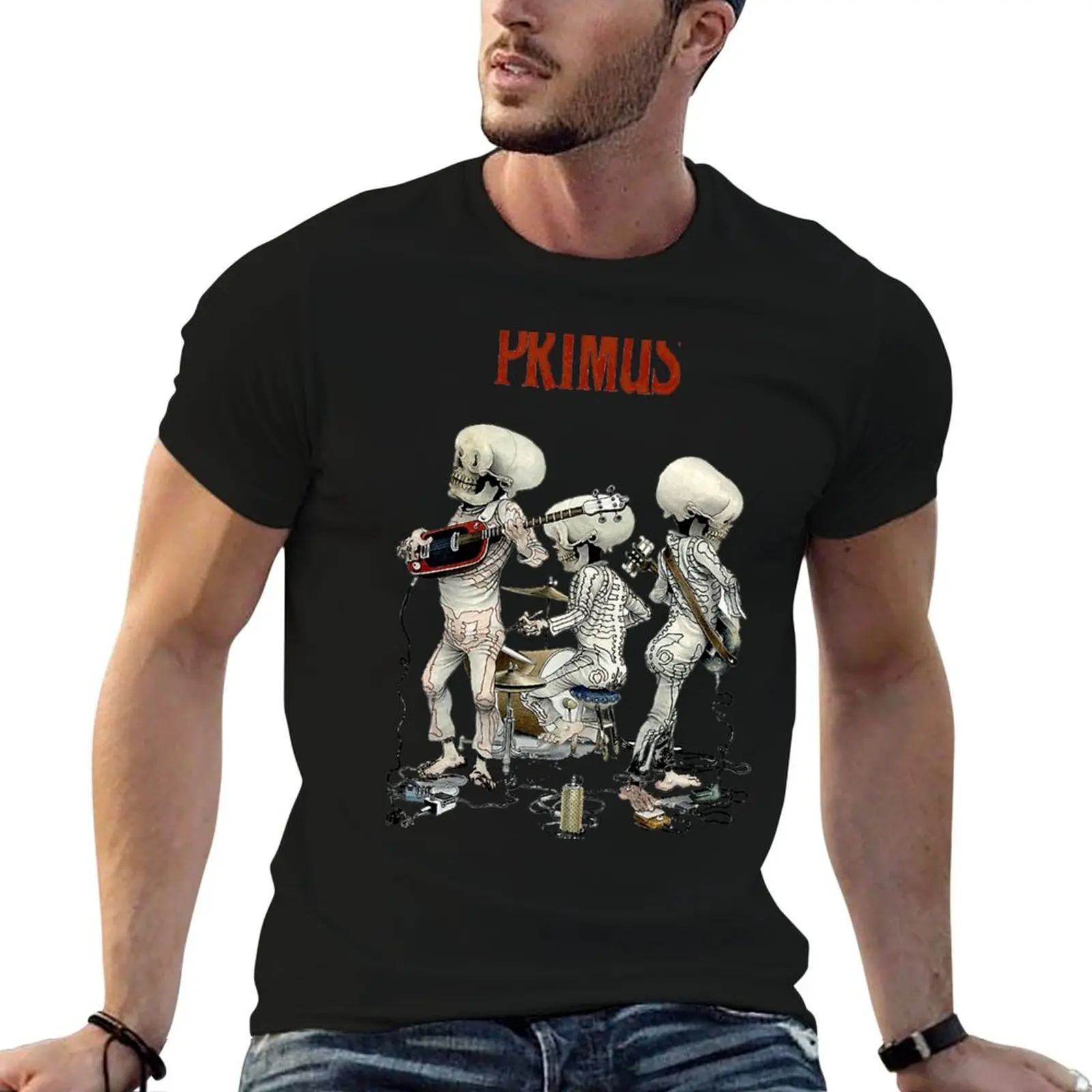 

Primus Skeleton playing on the guitarLes Claypool T-Shirt man t shirts graphic man t shirt cotton T-Shirt