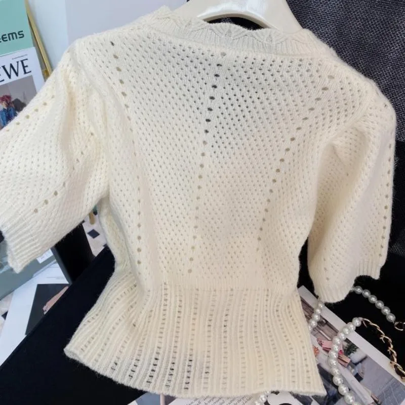 Women V-neck Thin Cardigan Chic Cropped Sweater Mujer Pull Femme Knitted Hollow Out Top 2024 Spring Summer Jacket