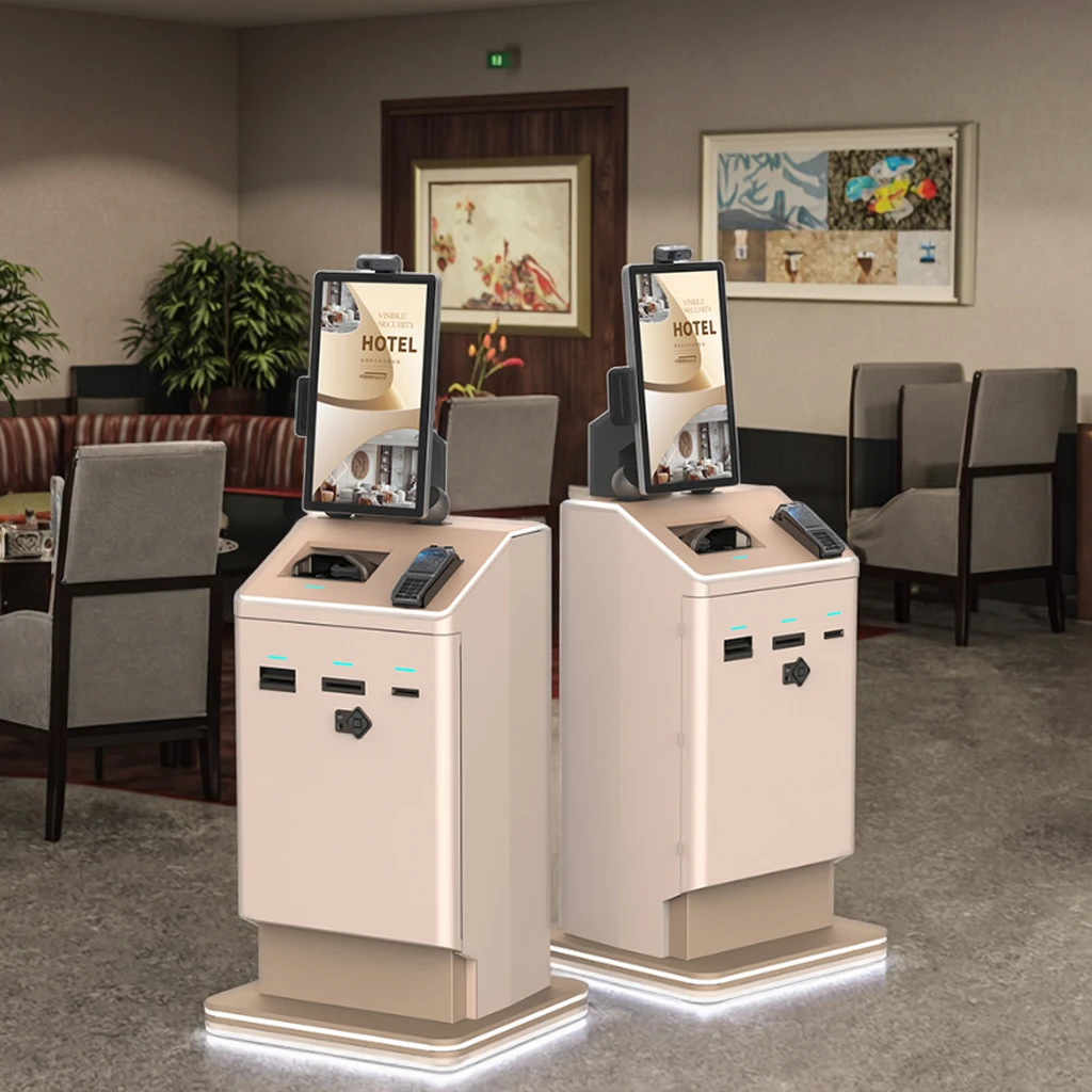 21.5 Inch Floor Standing Self Service Booth Check In Kiosk Hotel-check-in-kiosk With The Banknotes Payment Credit Card Reader