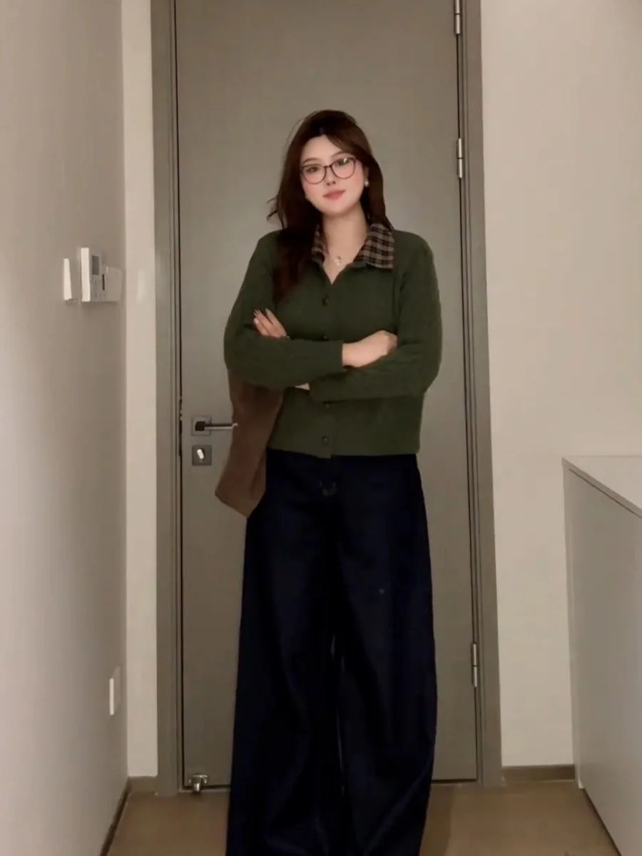 Große Größe Herbst Winter Koreanische Plaid Spleißen Twist Stricken Casual Vielseitig Gestrickte Offene Strickjacke Einzigartige Exquisite Pullover