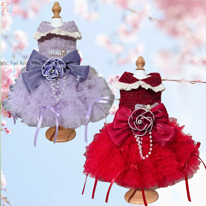 

Luxury Handmade Lace Pearl Bow Dress Purple Red for Small Medium Dogs Chihuahua Fashion Pet Dog Clothes Puppy Clothing
