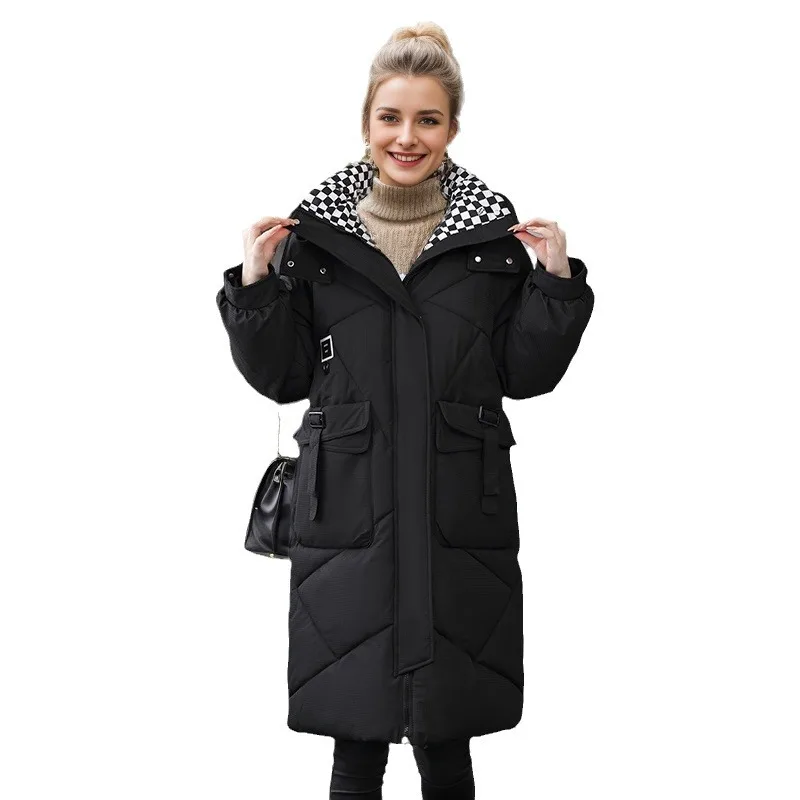 Jaqueta de inverno feminina 2025 xadrez lapela gola grande bolso feminino engrossar jaqueta de algodão quente longo elegante senhora algodão outwear