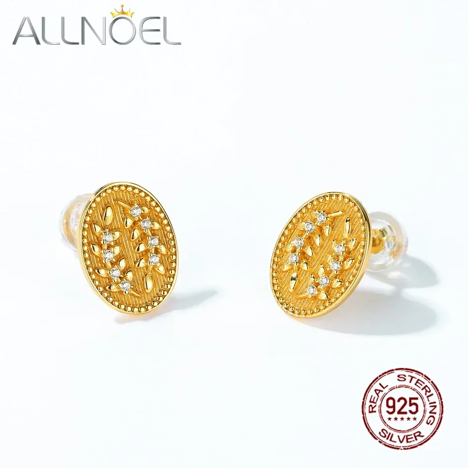 

ALLNOEL 925 Sterling Silver Oval Engrave Stud Earring Zircon Leave Wicker Disc 10k Gold Plated Trendy Fine Jewelry Birthday Gift