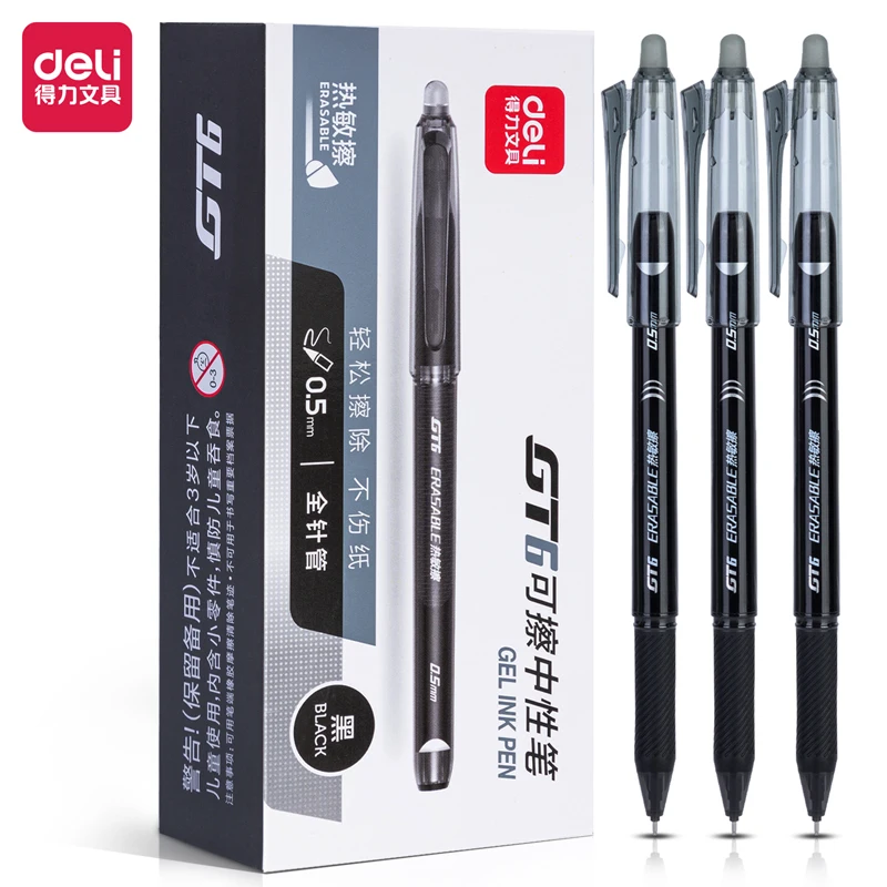 

3Pcs DELI GT6 Erasable Neutral Pens 0.5mm Full Needle Tube Gel Pens Black Blue Ink Supplies School Office Stationery