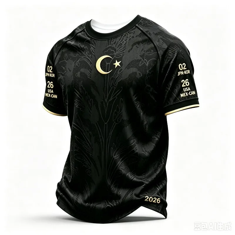 26-27 Turkey Black Floral Jacquard White Crescent Star Fan Jersey Sleeve Print Breathable Unisex Short Sleeve Sports Uniform