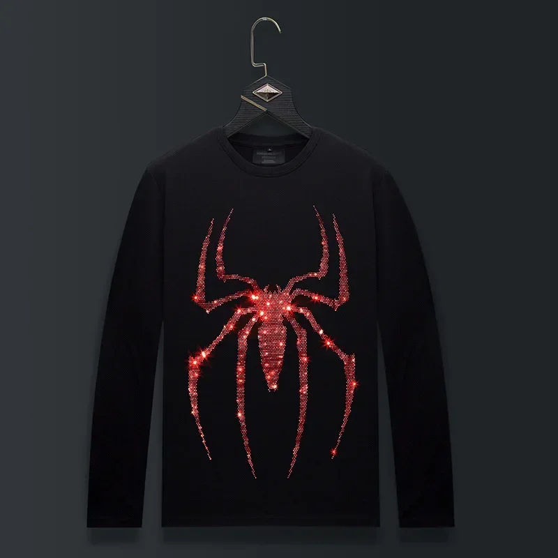 

Большие размеры, футболки с длинным рукавом и круглым вырезом, мужские футболки с рисунком паука, стразы, модная уличная одежда, тонкие хлопковые футболки из модала, мужская одежда