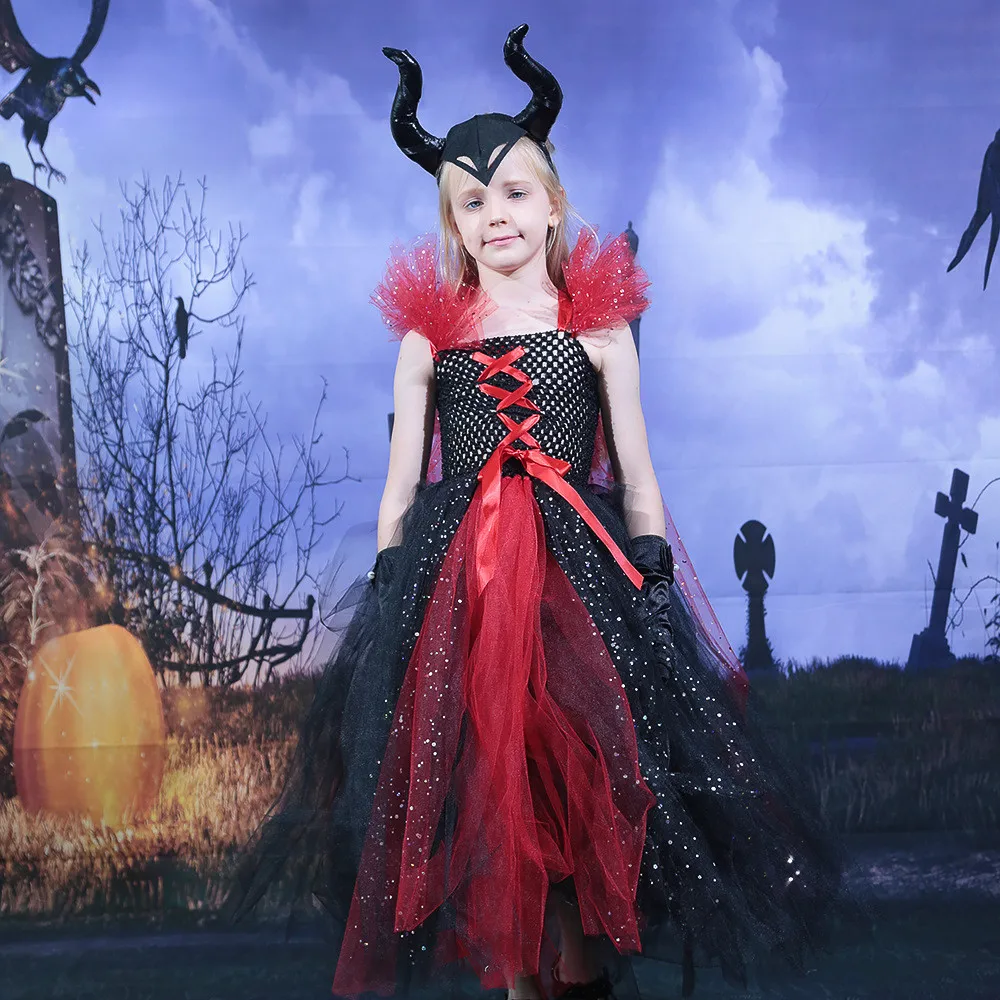 

Kids Girls Vampire Witch Queen Mesh Tutu Dress Children Halloween Cosplay Costumes Child Pretend Princess Party Role Play Outfit