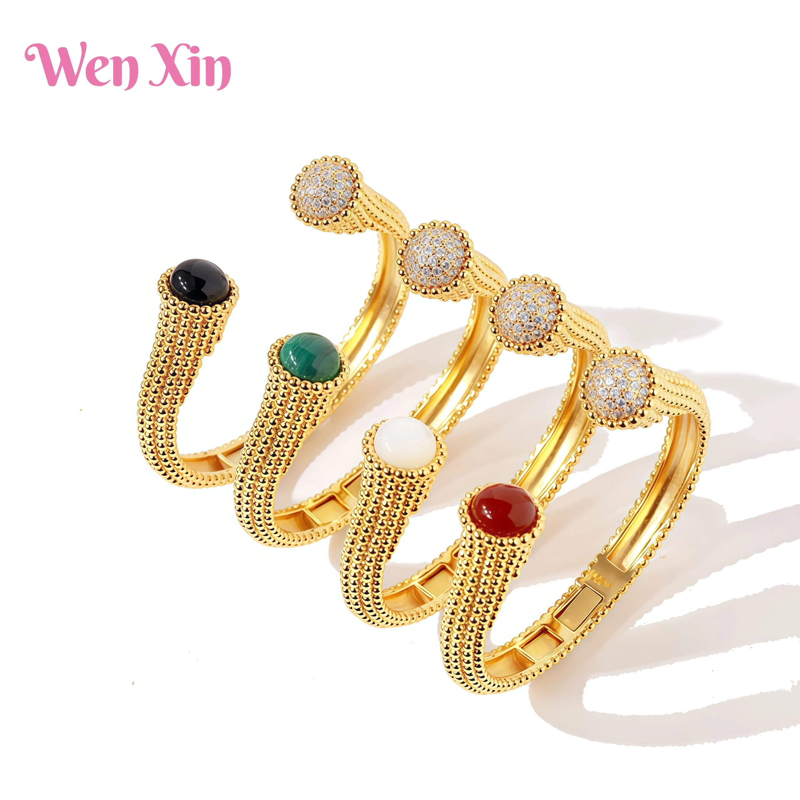 

WENXIN Brand MUSHAN MCT Fashion Hemispherical Shell Agate Diamond Inlaid Asymmetric Open Bracelet Fashion Jewelry Accessories