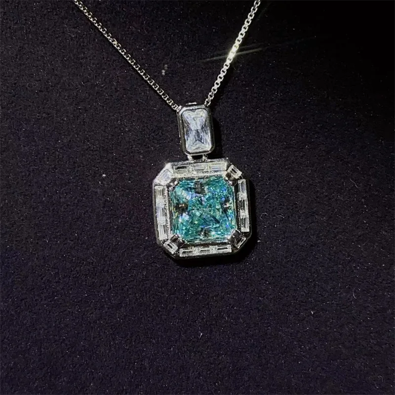 Luxury white gold solid platinum PT950 sea blue moissanite necklace 2 carat diamond pendant colored diamond pendant gift