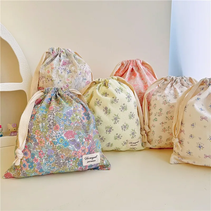 

Durable Cotton Drawstring Pouch, Lightweight Floral Print Baby Storage Bag for Diapers & Toys