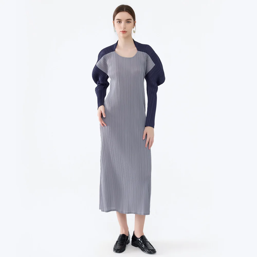 Miyake 2025 vestido feminino de manga comprida com chifres e bloco colorido, comprimento médio, bainha dividida, saia de camada base para primavera e outono