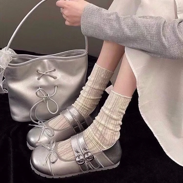Ballet Style Mary Jane Shoes Women's Spring 2025 round Head Fairy Style Flat Bottom Slip-On Shoes Trendy  Knot Design