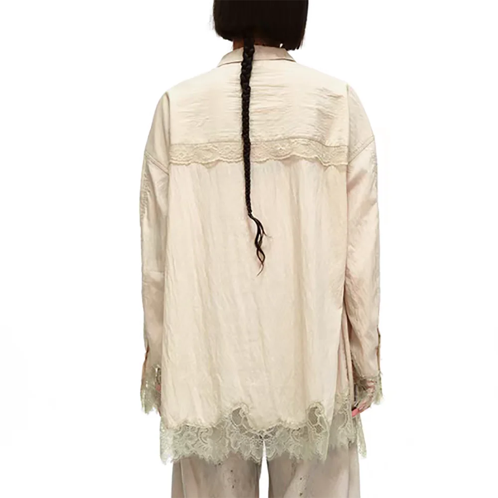 Camisa de seda para mujer Y2K con borde de encaje y lazo, blusa holgada elegante para ir al trabajo, Tops con empalme Irregular, novedad de primavera 2025
