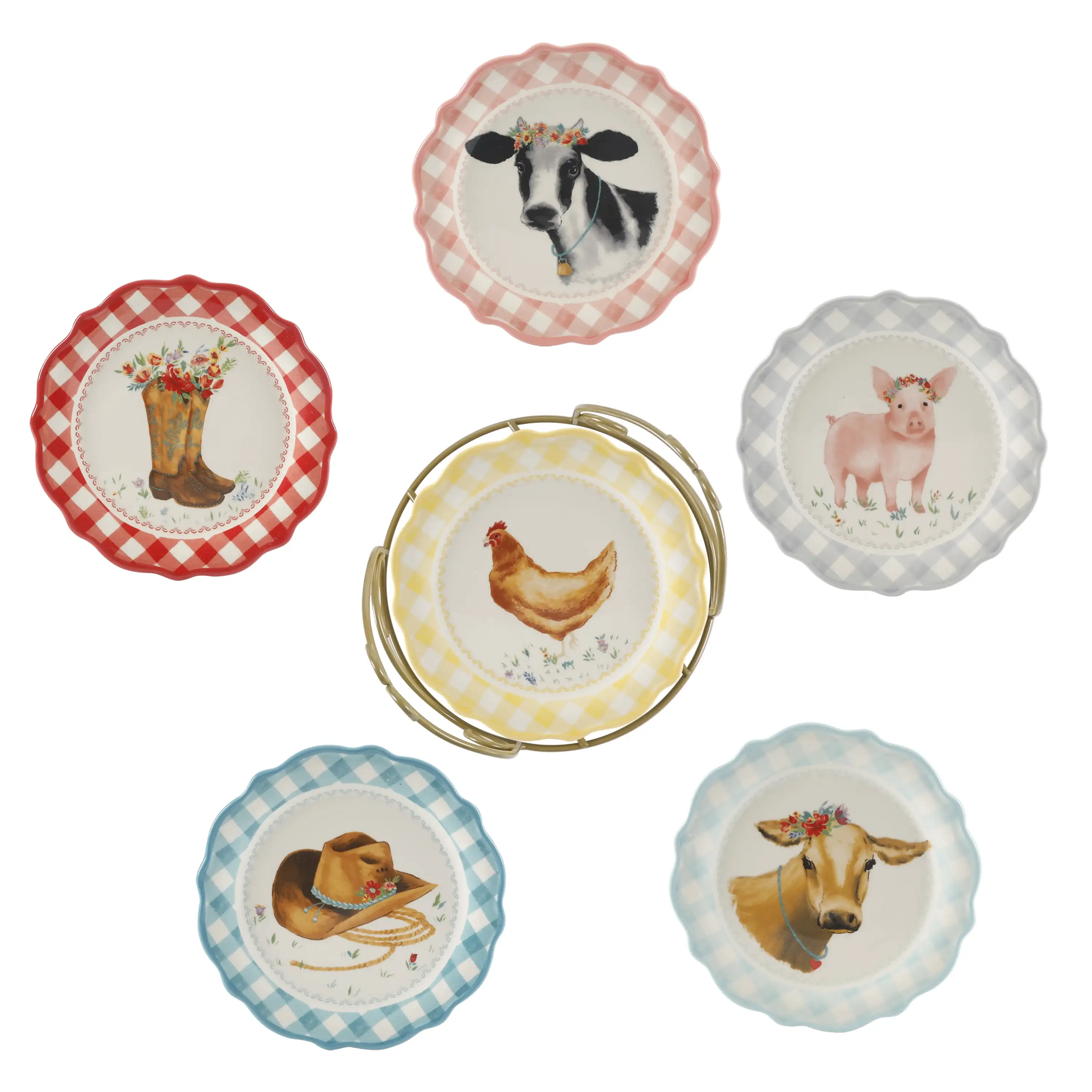 Novelty 7-Inch Plates with Rack, 7-Piece Set