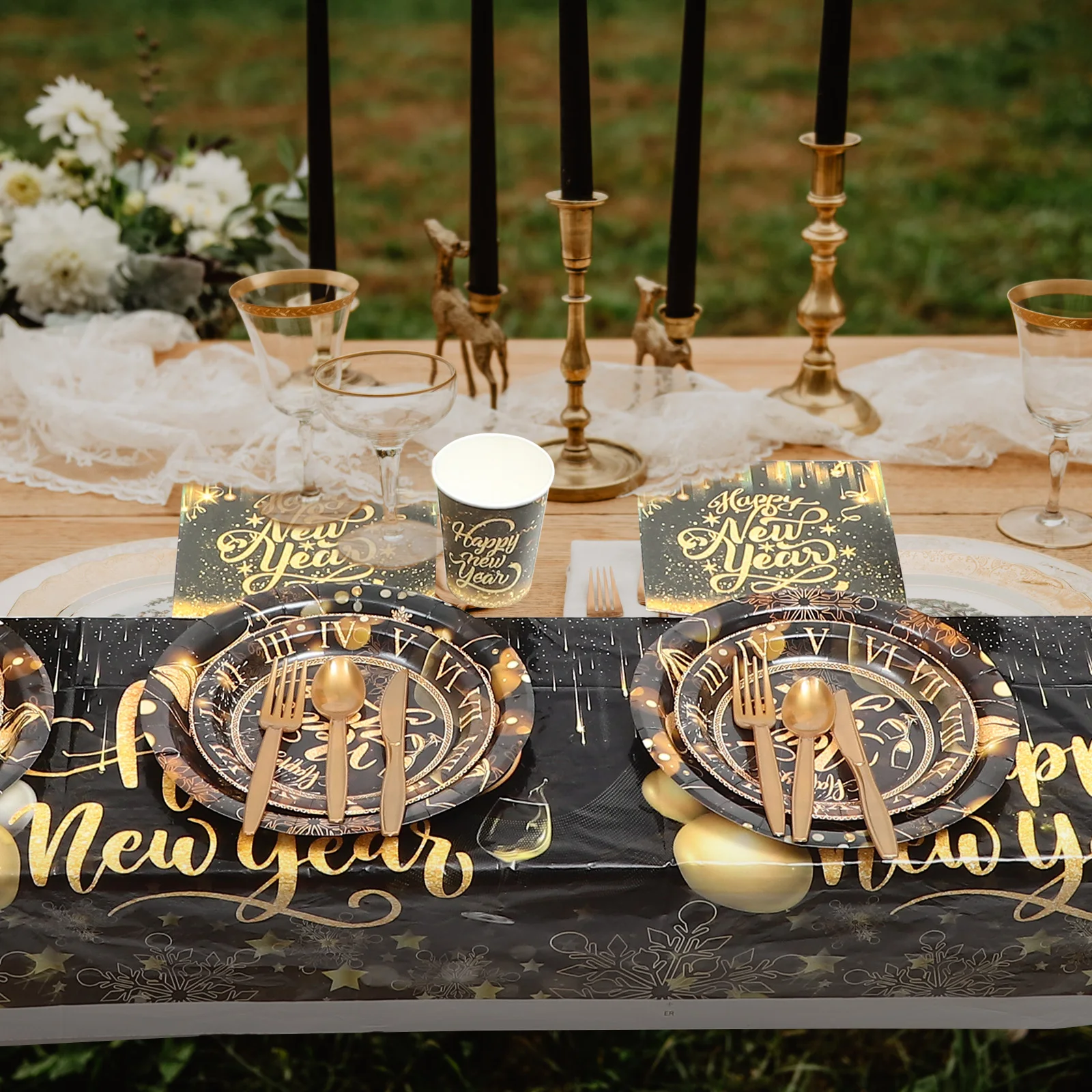 

1 set Black Gold Paper Cups Plates Napkins New Years Dinnerware Sets Happy Decor Party Supplies Festive Tableware