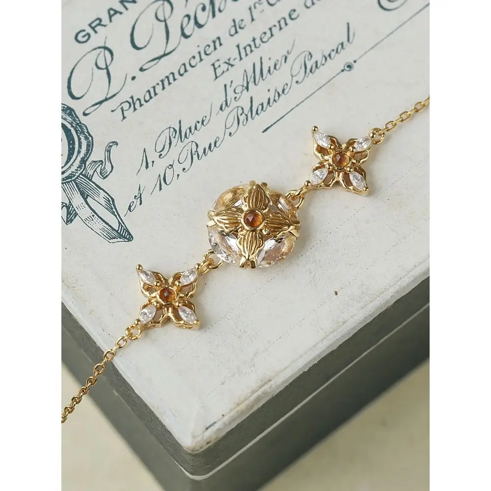 Luxury Design Vintage Gold Garnet Gemstones Iris Flower Star Crystal Bracelets Retro 14K Gold Filled Cuff Bangles Women Gifts