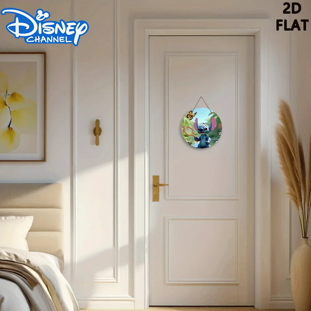 لافتة باب خشبية لمضرب الفراشة من ديزني ستيتش ثنائية الأبعاد - ديكور حائط من الخشب الاصطناعي الدائري مع تصميم غرزة وفراشة، C