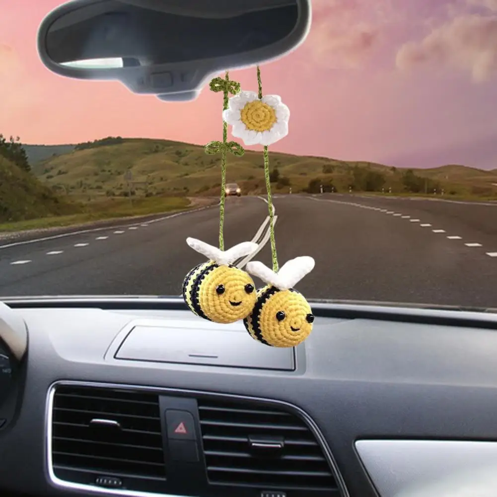 Hanging Decor Handmade Crochet Car Hanging Decoration with Knitting Yarn Flower Unique Auto Rearview Mirror for Nature