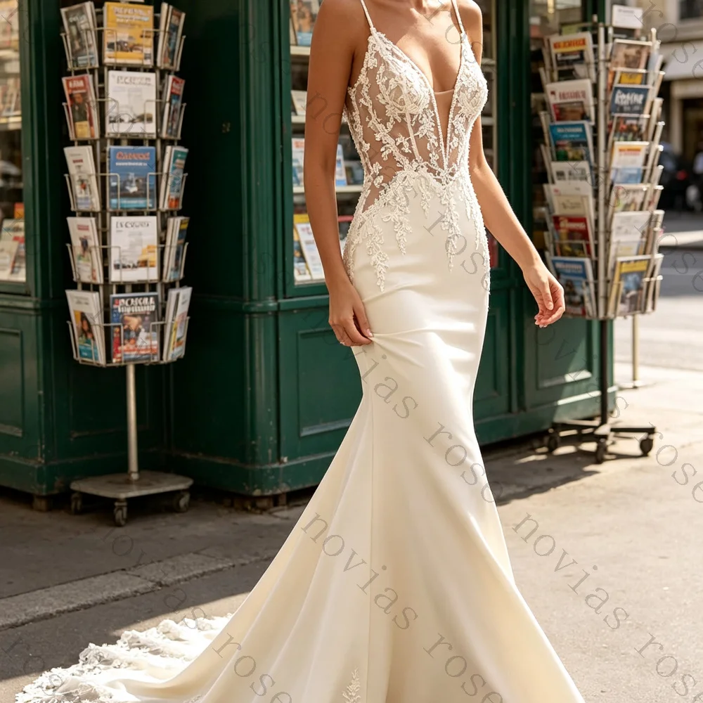 Dreamy Spaghetti Straps Mermaid Bridal Gowns High Quality Jersey Customized Wedding Dress Charming Appliques Lace Robe de mariée