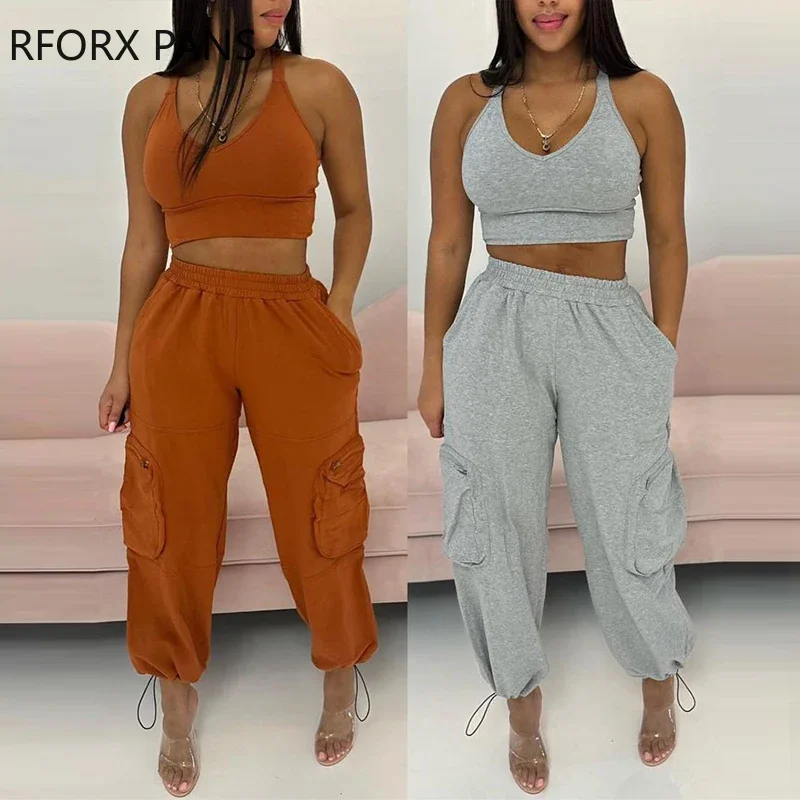 Women Elegant Solid Sexy Crop Top & Multi Pockets Long Pants Two Pieces Sets