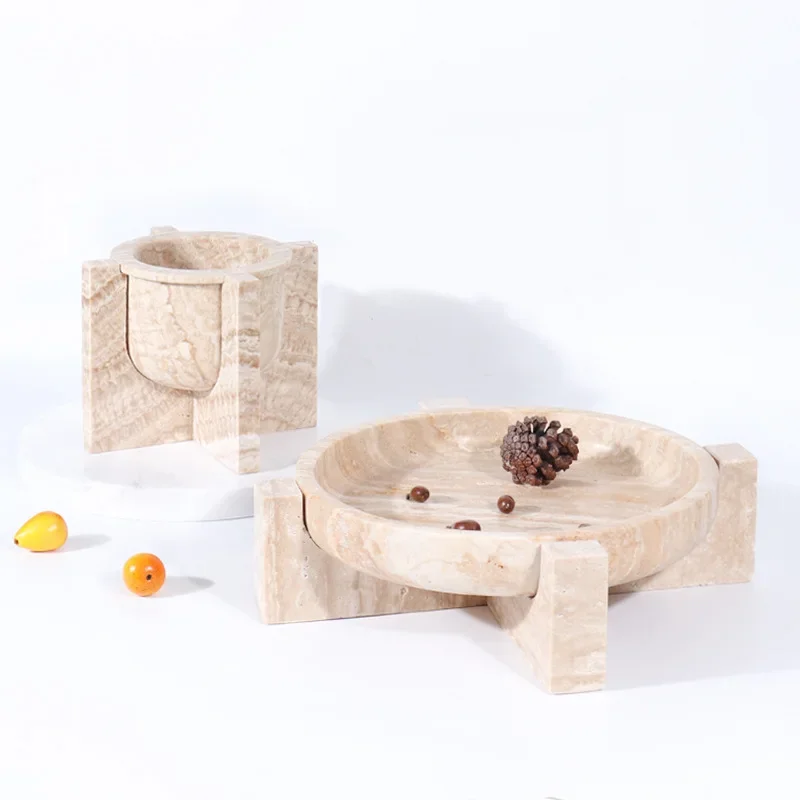 Creative Home Desktop Dried Fruit Snack Storage Tray Natural Marble Yellow Cave Stone Circular Groove Base Inlaid Fruit Plate