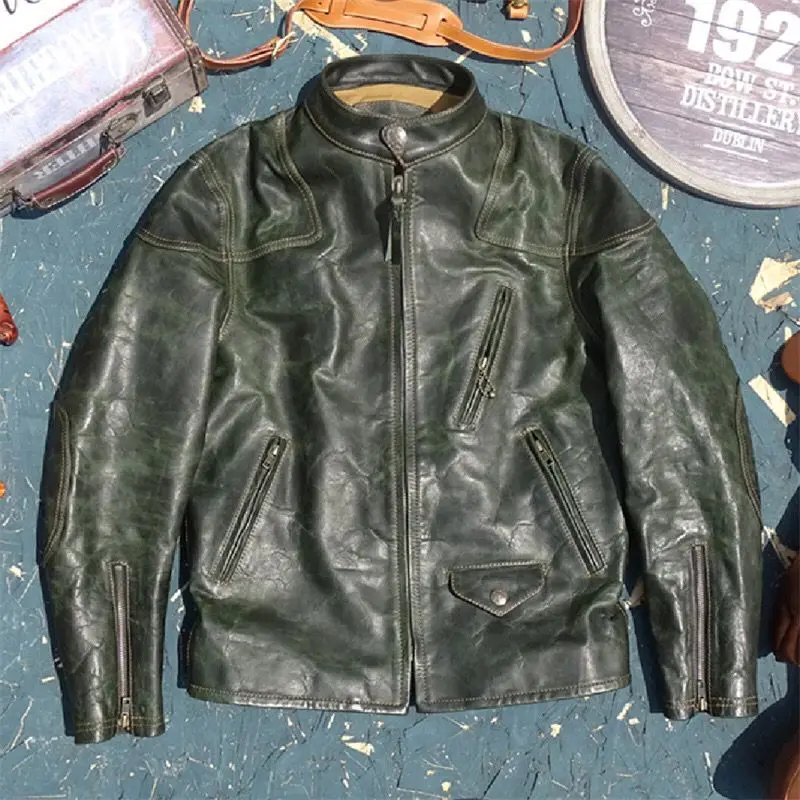 

Vintage Man Genuine Leather Coat Real Natural Horsehide Jacket for Male Motorcyclist Biker Windbreaker Green Plus Oversized 5XL