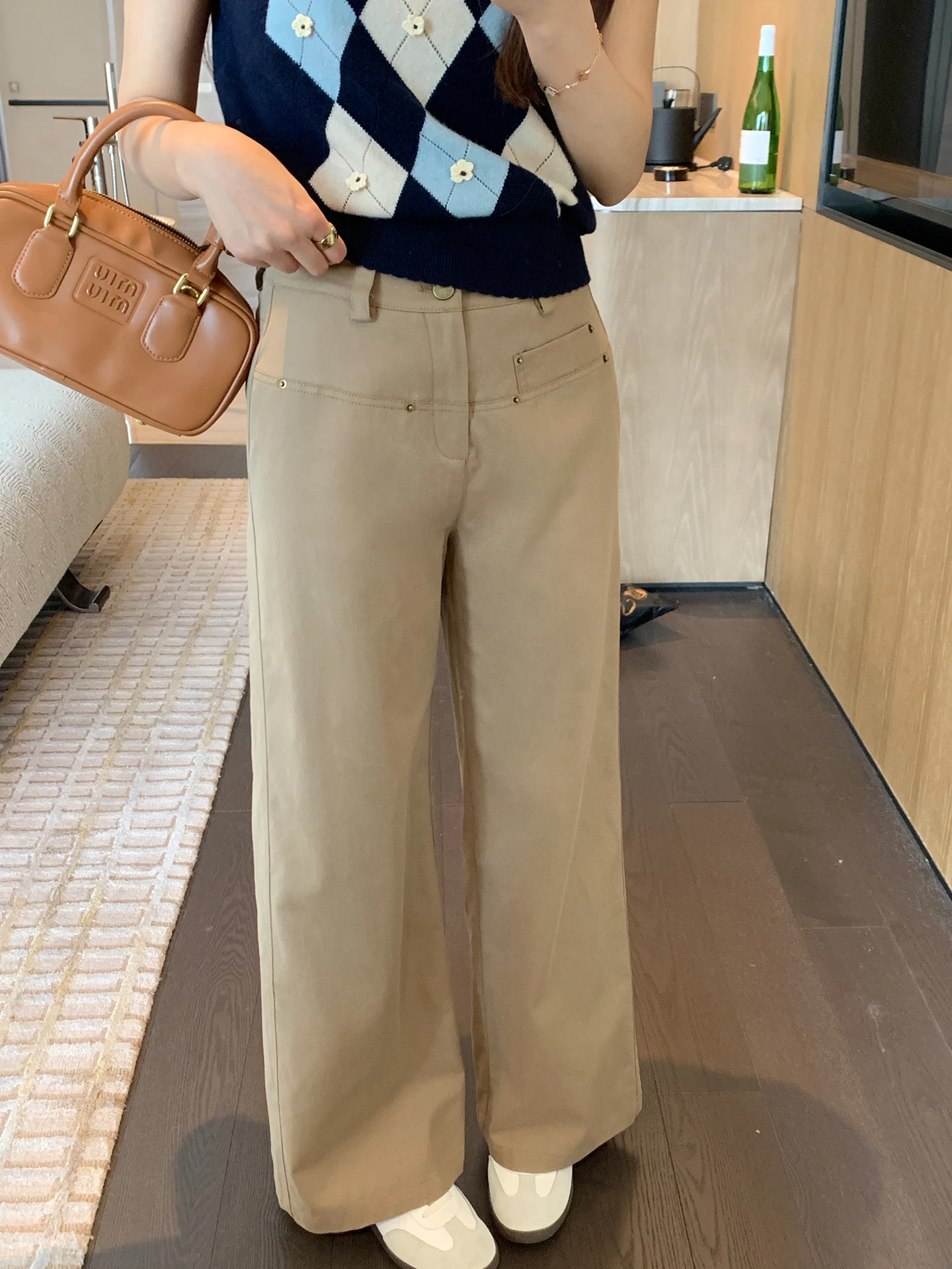 

New 30 Khaki Workwear Pants Wide Leg Casual Good Fit Commute Sle Women's Cotton Blend High Waist Button Front Trousers