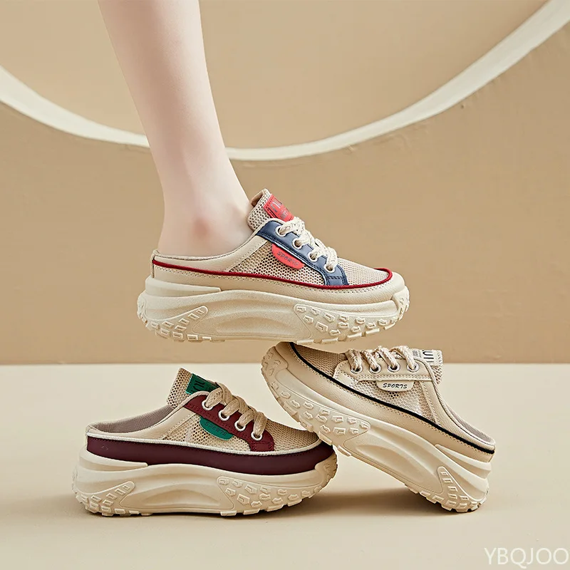 أحذية صيفية شبكية قابلة للتنفس كاجوال متعددة الاستخدامات بنصف سحب أحذية نسائية عصرية بنعل سميك لزيادة الارتفاع أحذية نسائية 2026