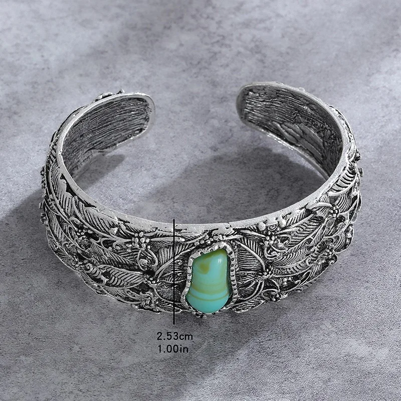 Vintage Carved Ethnic Style Cuff Leaf Bangle Punk Bohemian Open Bangle Ladies Jewelry Metal Anniversary Elder Gift