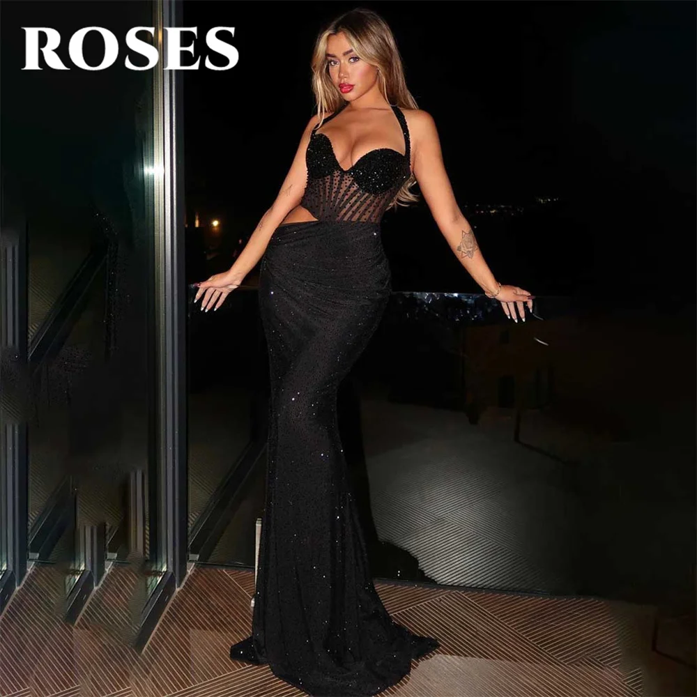 

ROSES Black Evening Dress Halter Tulle Trumpet Long Corset Sleeveless Prom Dress with Pleat Sweetheart Sequins 프롬드레스 Party Dress