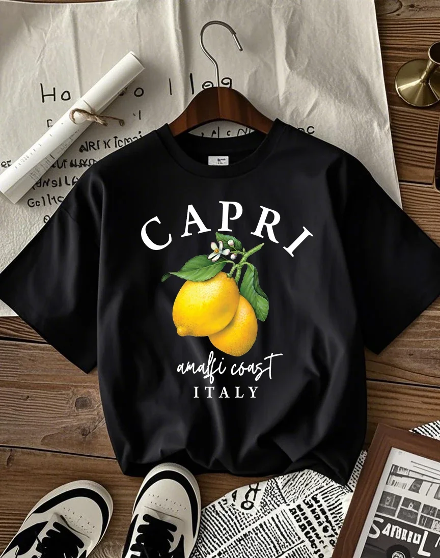 Capri Lemon Is Produced In Italy Print Women T-Shirts O-Neck Short Sleeve Trendy Loose Streetwear All-Match Summer Top