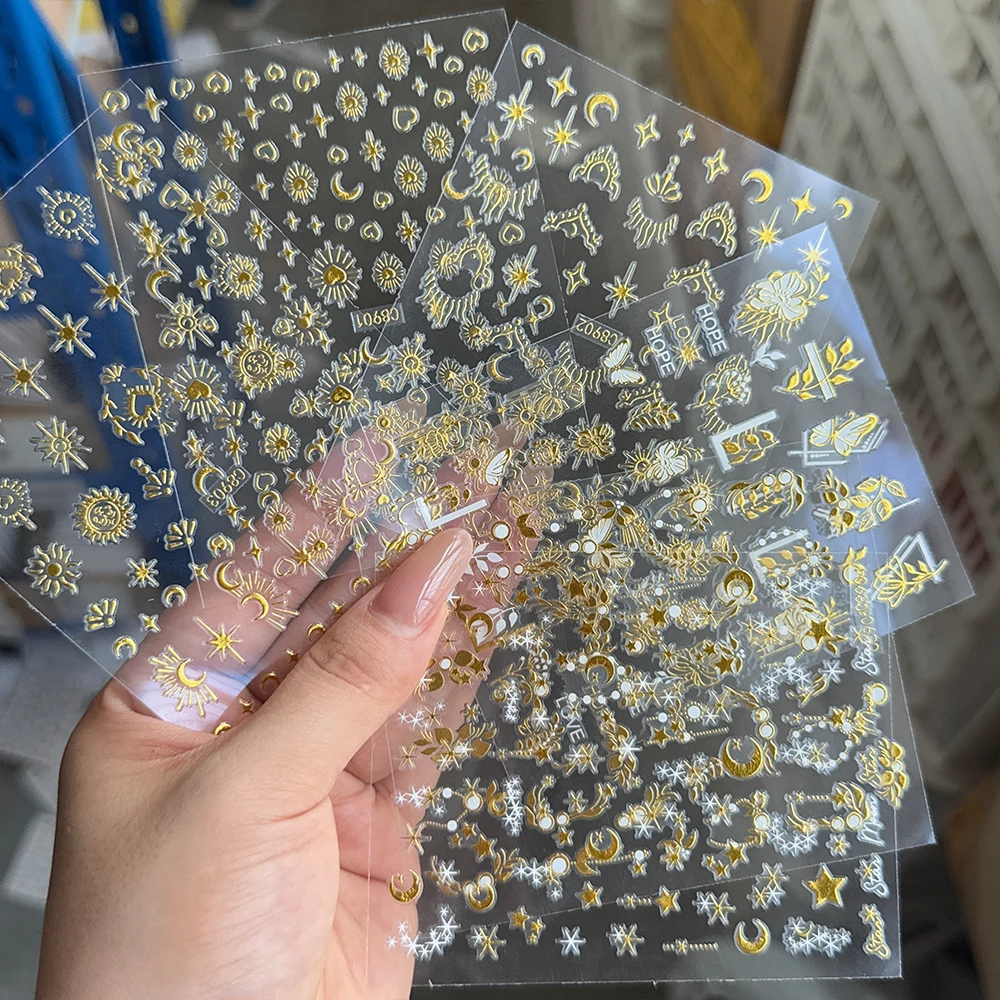6 unids/set 3D oro plata Cruz estrella Luna pegatina de uñas corazón brillante mariposa flor bohemio pegatina de uñas autoadhesiva manicura Dec