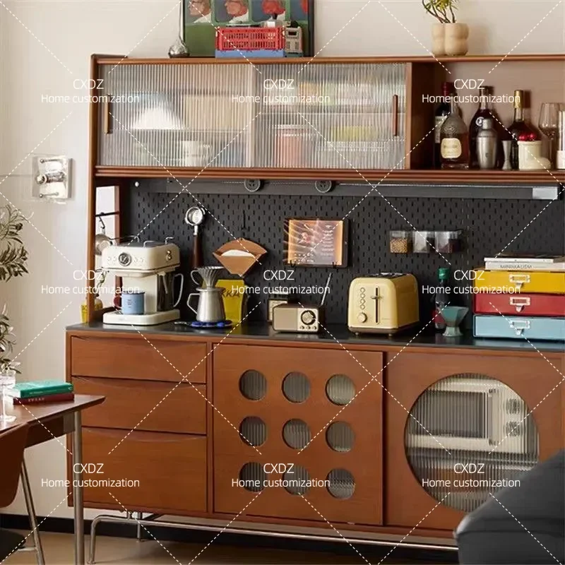 Solid Wood Retro Dining Side Cabinet Integrated Rock Slab Coffee Tea Cabinet Medieval Style High Storage Locker for Living