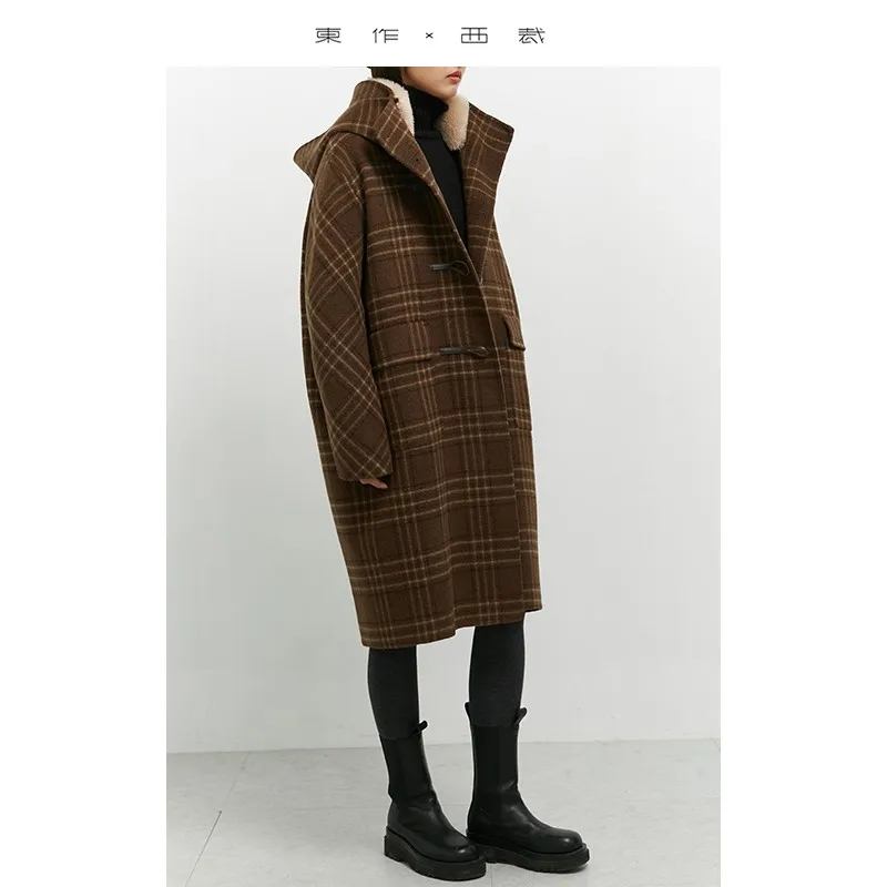

Horn Button Coat ~ 100% Wool Double-Sided Fabric with Contrasting Plaid, Fur Collar, Cocoon-Shaped Hooded Woolen Coat, Mid-Length for Women
