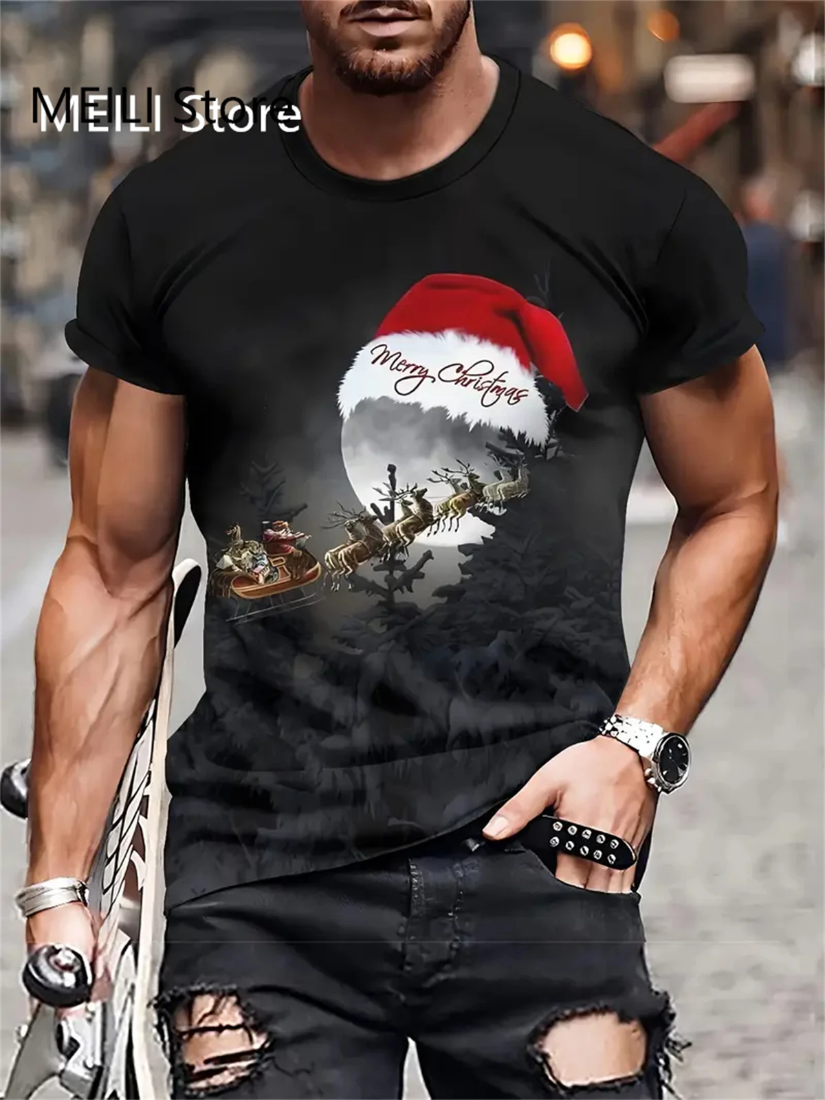 الرجال احتفالي عيد الميلاد البيرة المحملة عادية سانتا كلوز الرجال قصيرة الأكمام المعتاد عطلة حفلة تي شيرت الرجال Harajuku تي شيرت