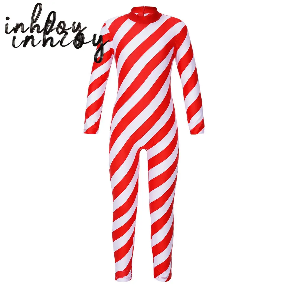 

Kids Girls Candy Cane Christmas Costume Long Sleeve Stripes Bodysuit Jumpsuit Unitard Xmas Party Holiday Performance Dancewear
