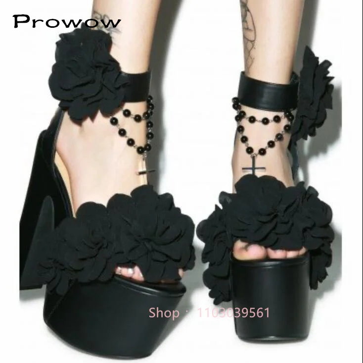 Lady gothic style black 3D-flower design platform sandals open toe peal chian design chunky heel pumps high heesl