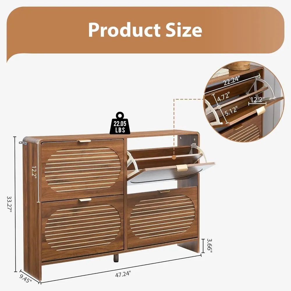 Narrow Shoe Storage Cabinet or Entryway with 4 lip Ders, Curved Edge Shoe Cabinet with Arched Stripe Panel, reestanding Wood Sho