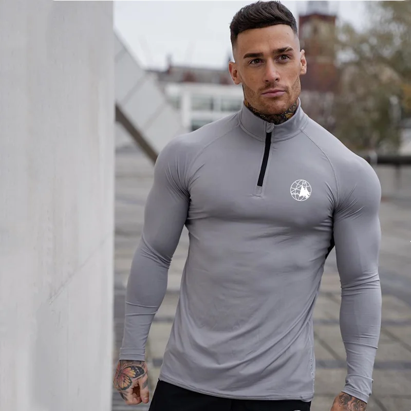 2022 New Men\'s skinny long sleeve T-shirt gym fitness stretch compression fast drying shirt men\'s exercise T-shirt top clothing