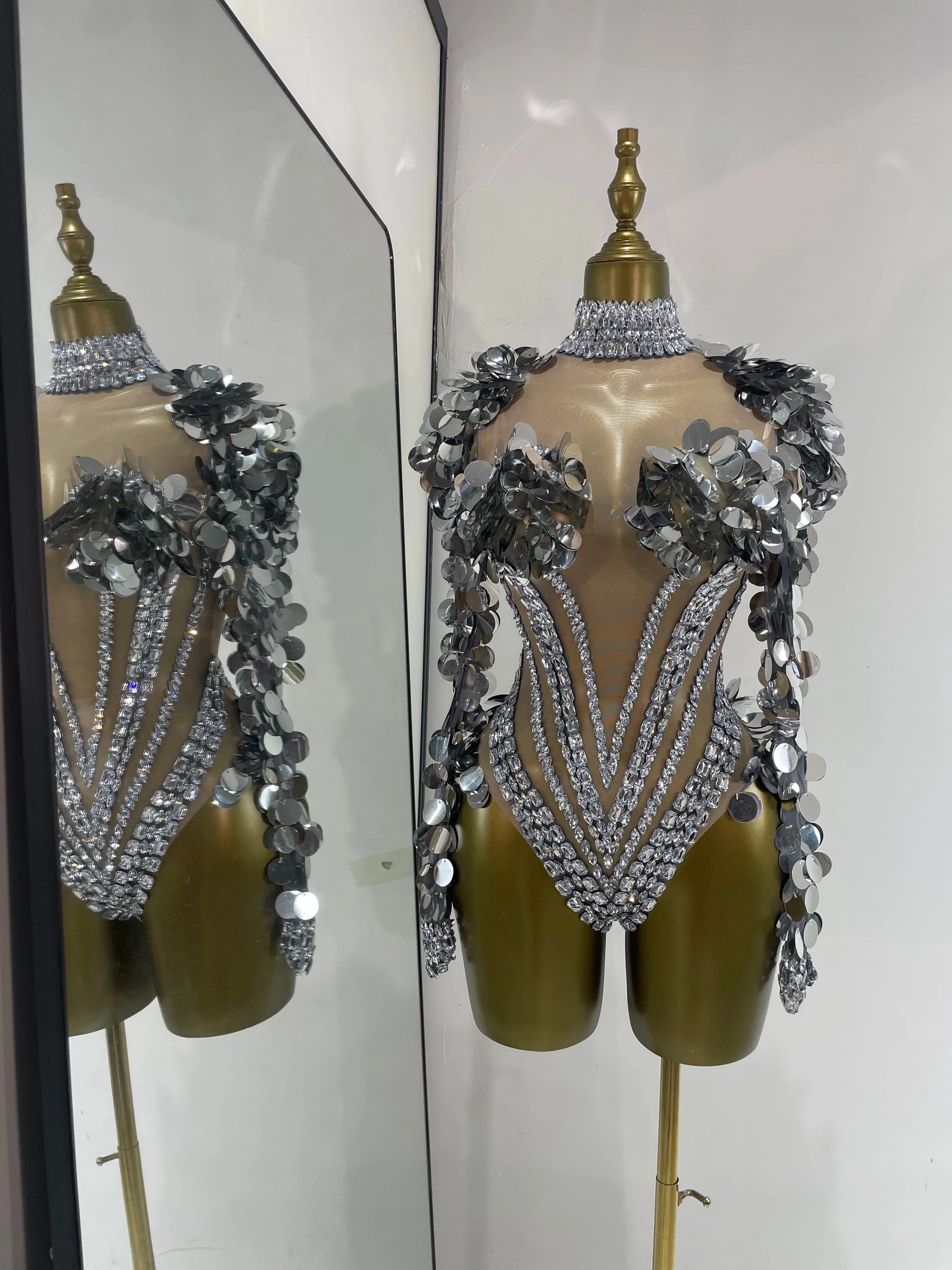 Factory Wholesale Woman Y2K Party Dress Mirror Rhinestones Sheer See Through Thigh High Pole Dancing Performance Costumes Adult